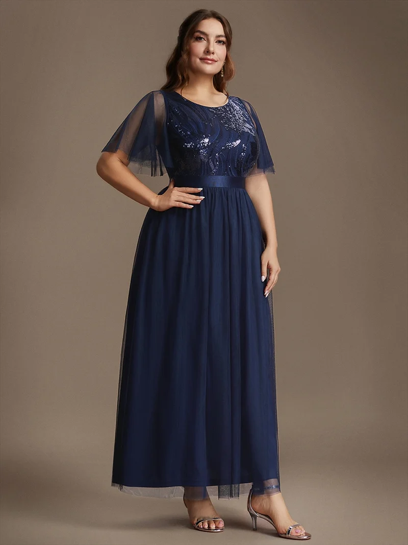 Robe de Soirée Longue Trapèze à Paillettes et Manches Volantées