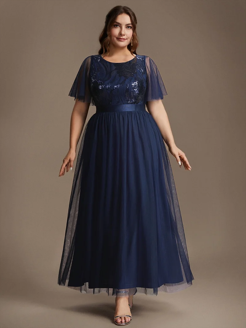 Robe de Soirée Longue Trapèze à Paillettes et Manches Volantées