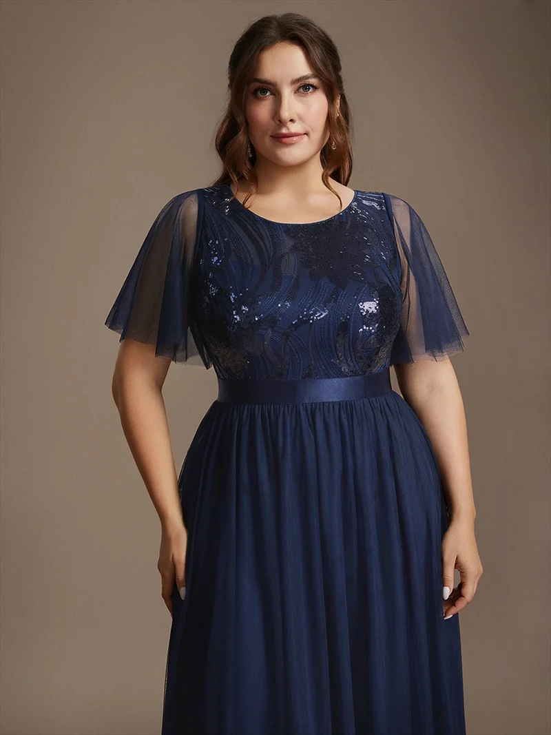 Robe de Soirée Longue Trapèze à Paillettes et Manches Volantées
