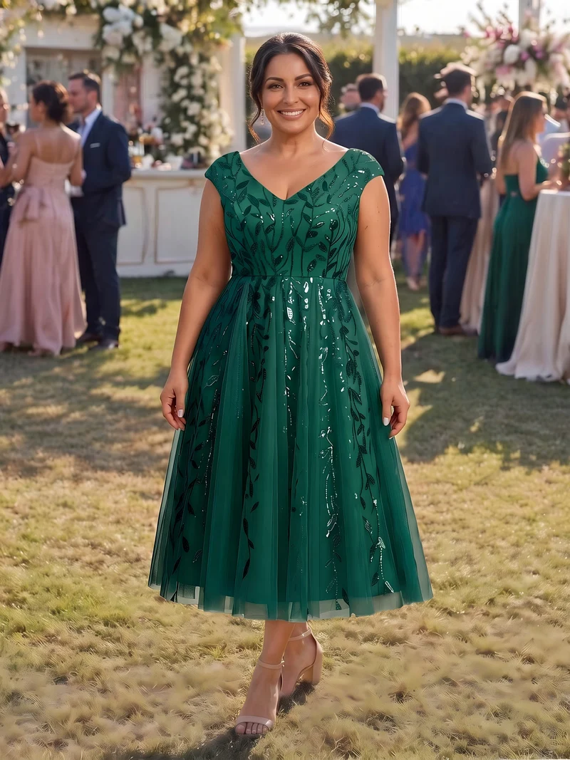 Robe midi sans manches col en V à sequins et coupe évasée