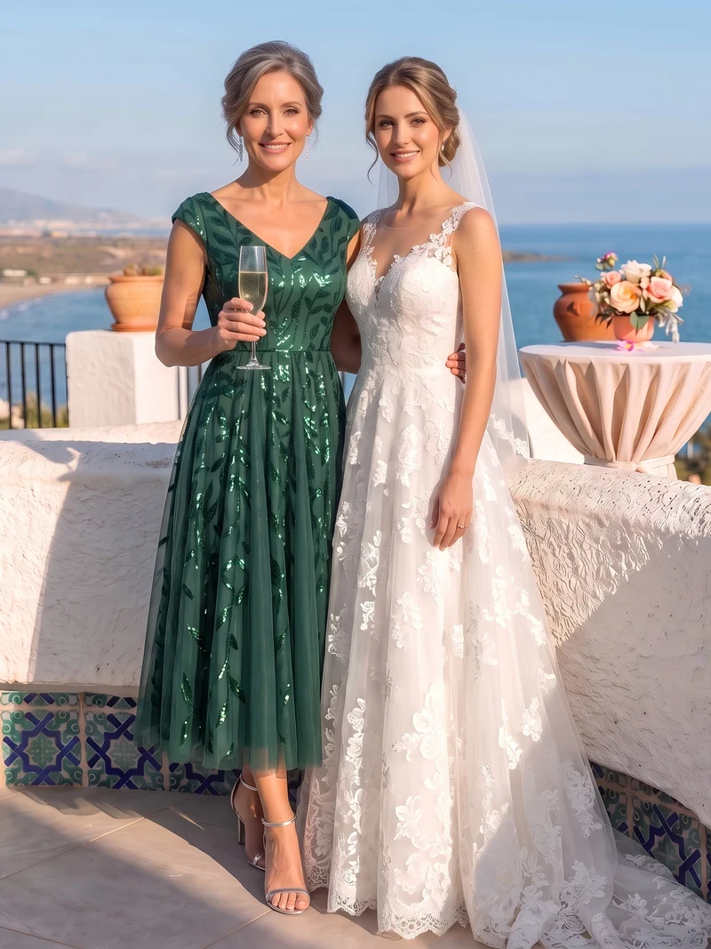 Robe midi sans manches col en V à sequins et coupe évasée