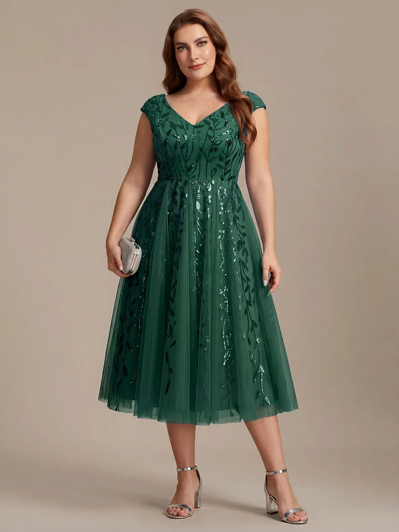 Robe midi sans manches col en V à sequins et coupe évasée