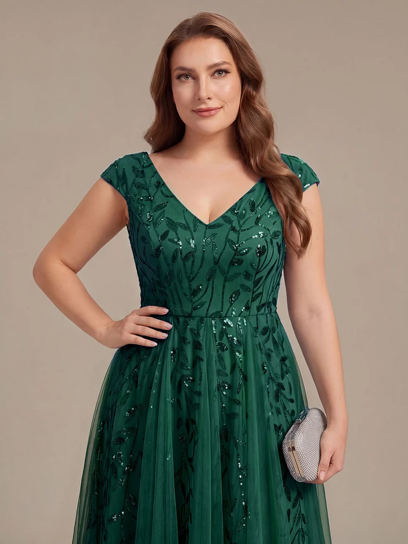 Robe midi sans manches col en V à sequins et coupe évasée