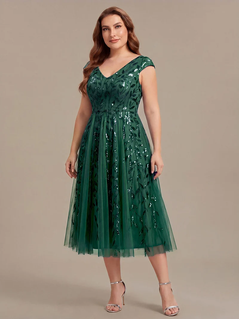 Robe midi sans manches col en V à sequins et coupe évasée
