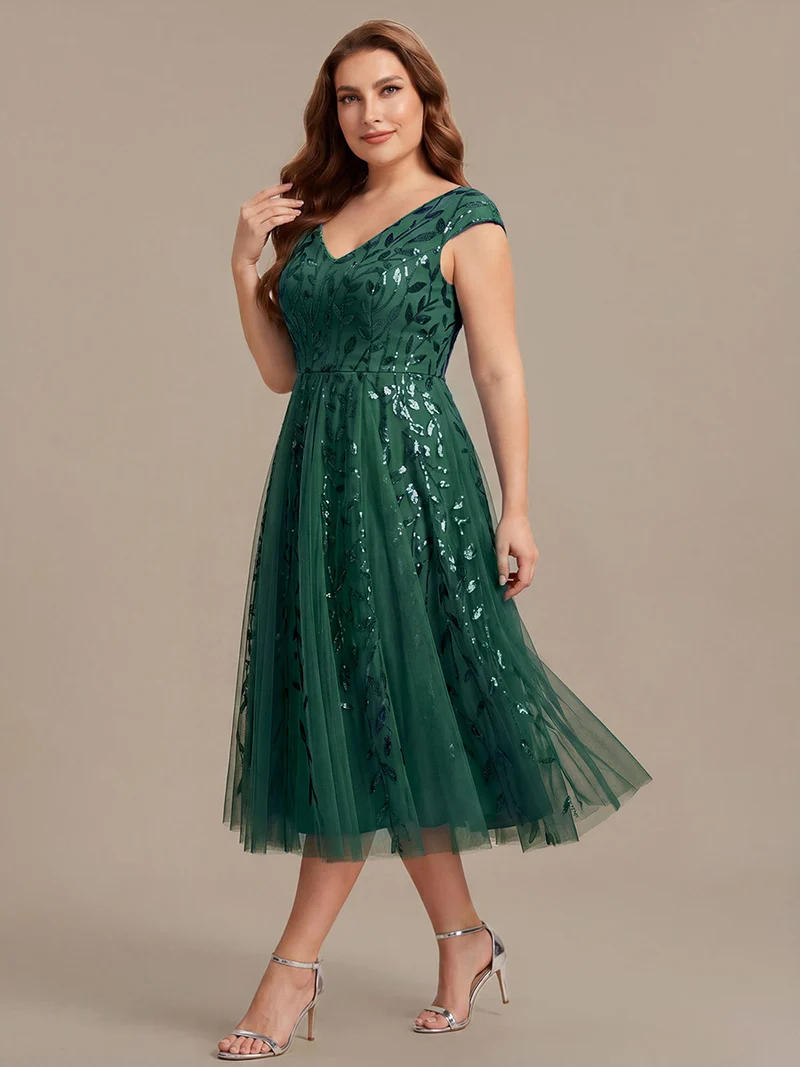 Robe midi sans manches col en V à sequins et coupe évasée