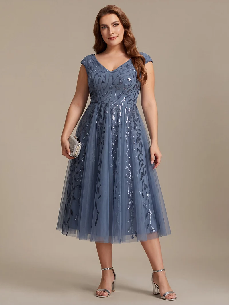 Robe midi sans manches col en V à sequins et coupe évasée