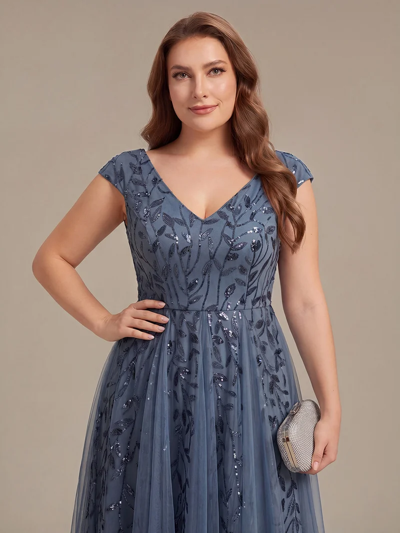 Robe midi sans manches col en V à sequins et coupe évasée