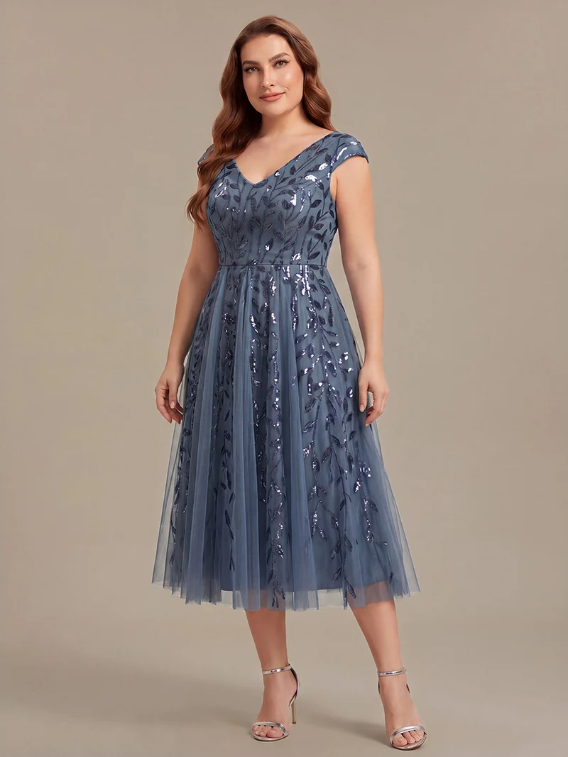 Robe midi sans manches col en V à sequins et coupe évasée