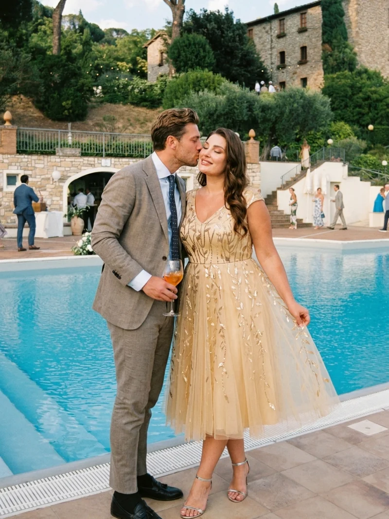 Robe midi sans manches col en V à sequins et coupe évasée