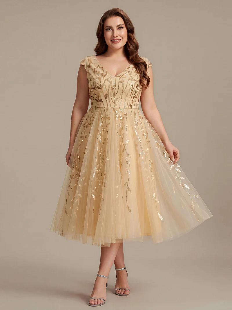Robe midi sans manches col en V à sequins et coupe évasée