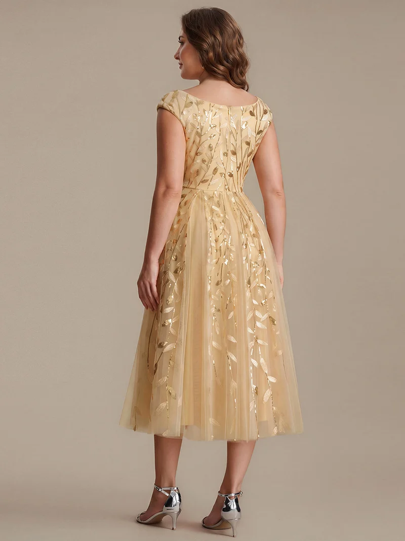 Robe midi sans manches col en V à sequins et coupe évasée