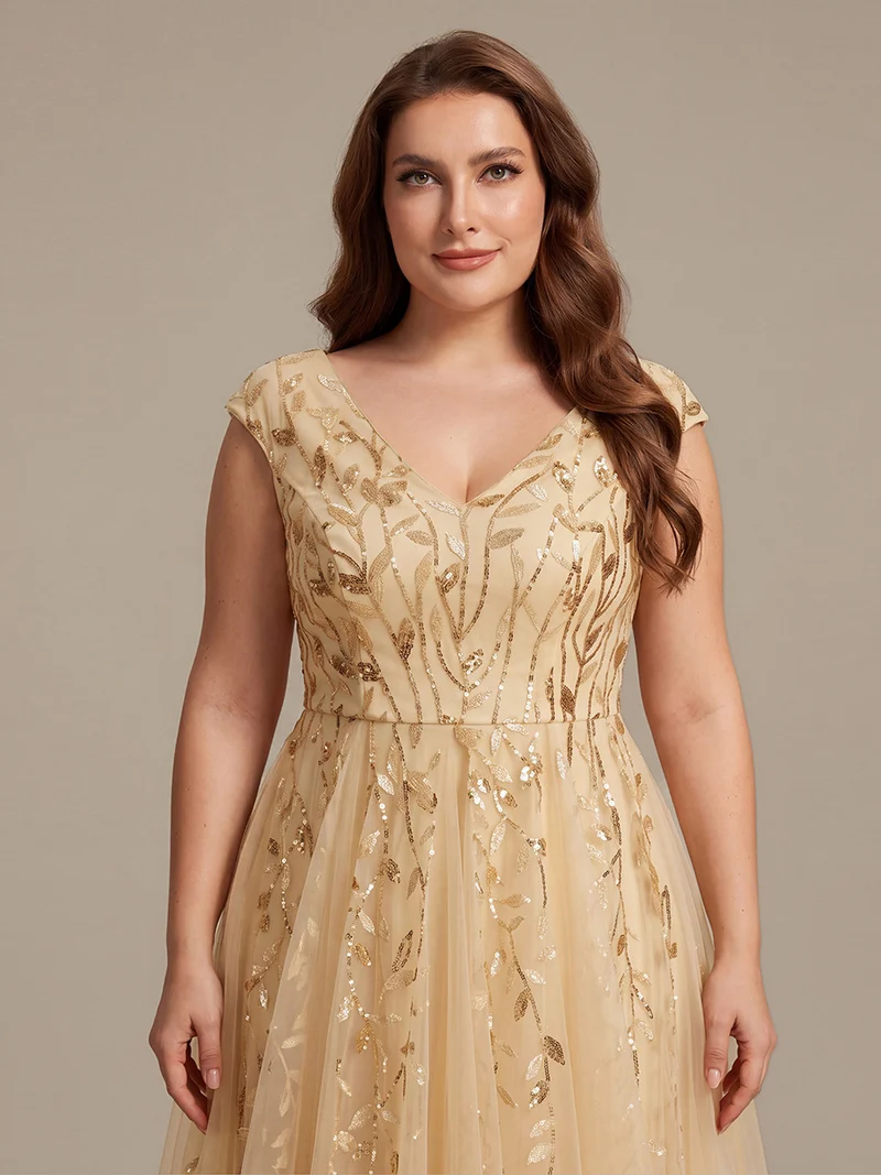 Robe midi sans manches col en V à sequins et coupe évasée