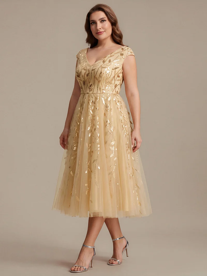 Robe midi sans manches col en V à sequins et coupe évasée
