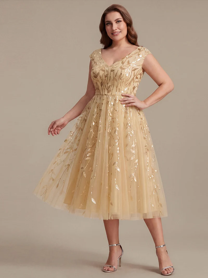 Robe midi sans manches col en V à sequins et coupe évasée
