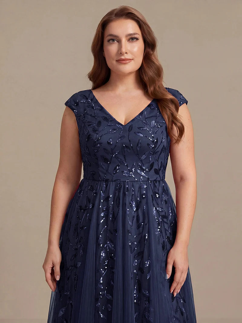 Robe midi sans manches col en V à sequins et coupe évasée