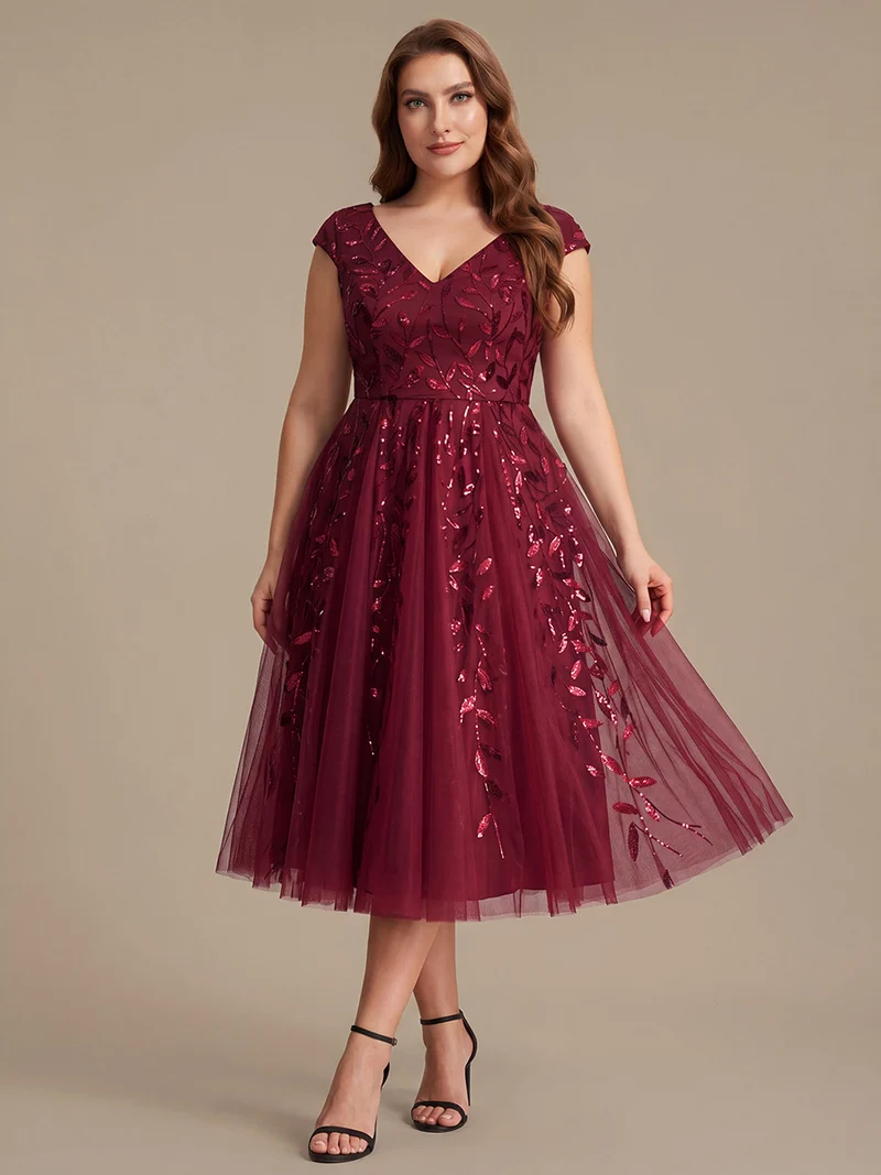 Robe midi sans manches col en V à sequins et coupe évasée