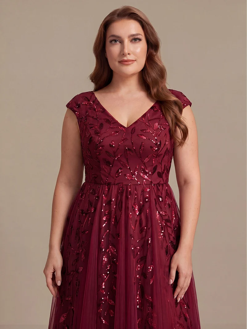 Robe midi sans manches col en V à sequins et coupe évasée