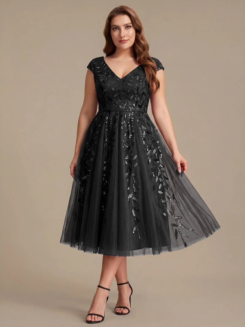 Robe midi sans manches col en V à sequins et coupe évasée