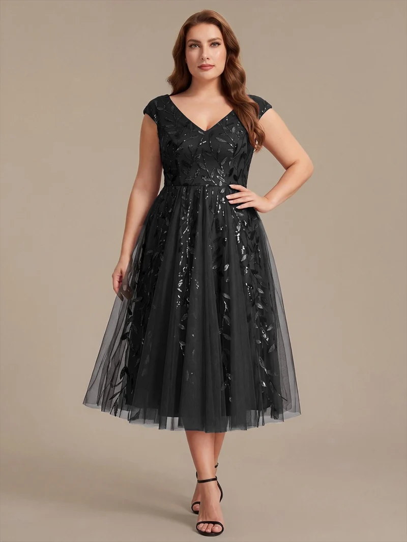 Robe midi sans manches col en V à sequins et coupe évasée