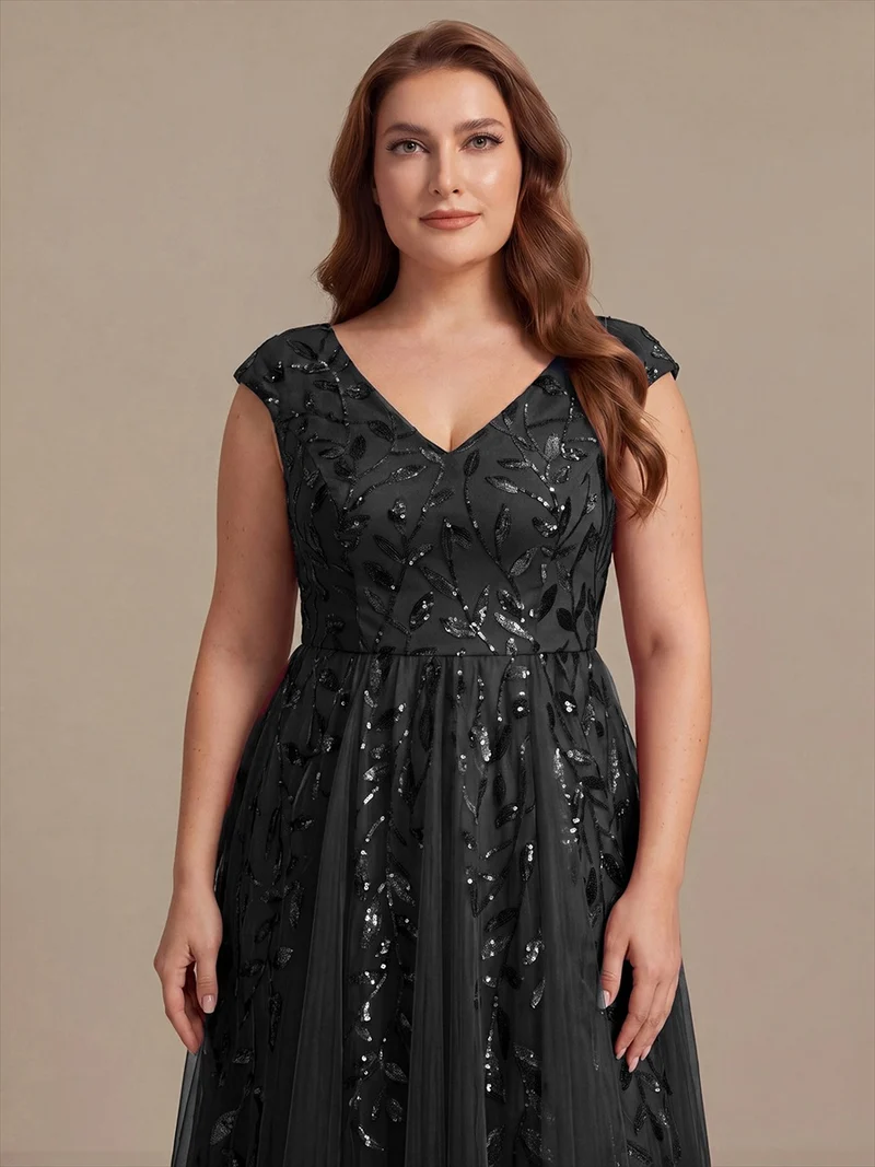Robe midi sans manches col en V à sequins et coupe évasée