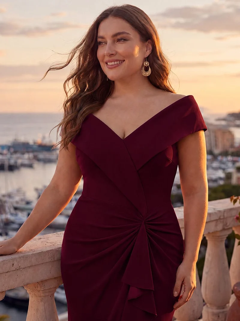 Robe de soirée grande taille en crêpe coupe sirène à volants