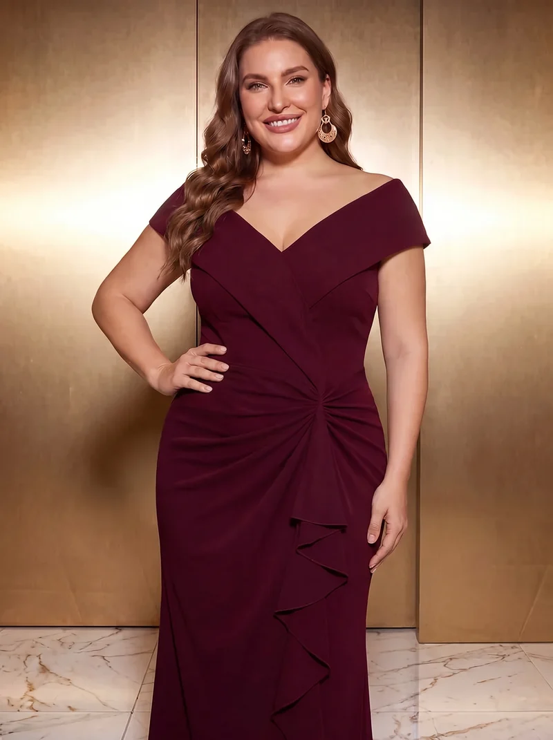 Robe de soirée grande taille en crêpe coupe sirène à volants