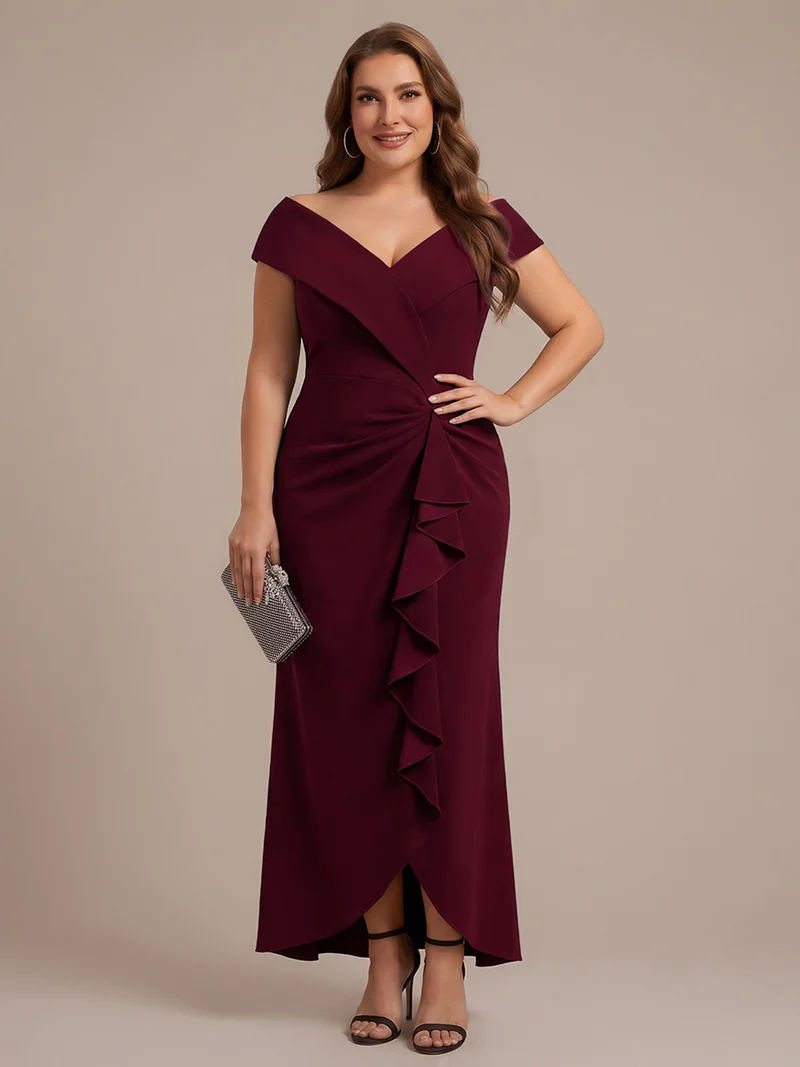 Robe de soirée grande taille en crêpe coupe sirène à volants