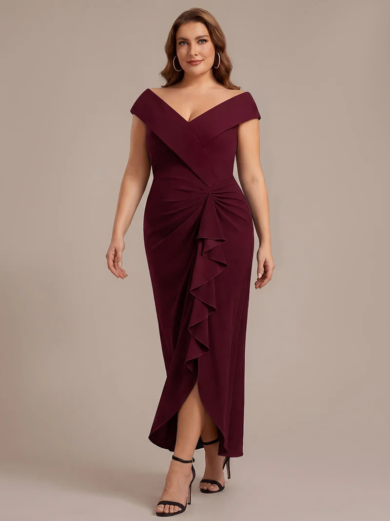 Robe de soirée grande taille en crêpe coupe sirène à volants