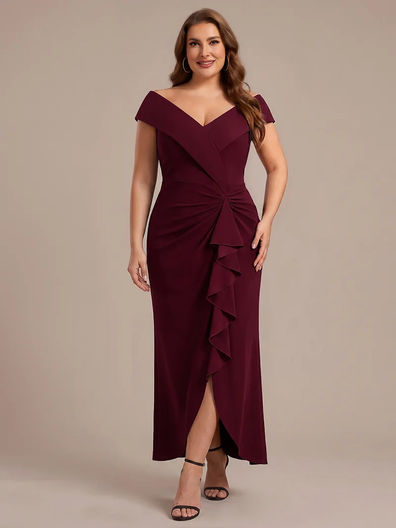 Robe de soirée grande taille en crêpe coupe sirène à volants