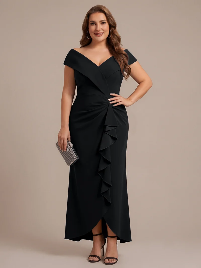 Robe de soirée grande taille en crêpe coupe sirène à volants