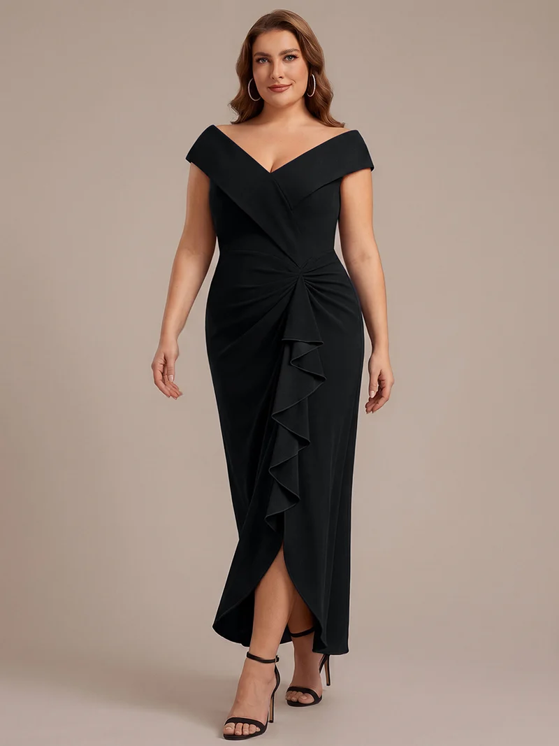Robe de soirée grande taille en crêpe coupe sirène à volants