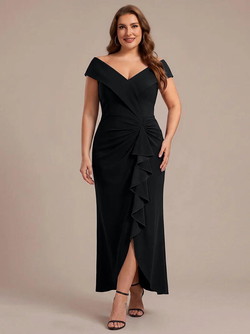 Robe de soirée grande taille en crêpe coupe sirène à volants