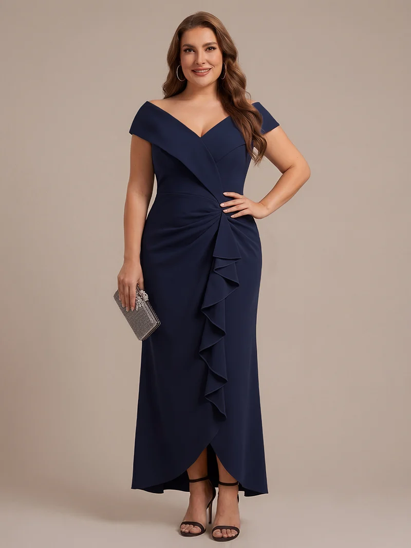 Robe de soirée grande taille en crêpe coupe sirène à volants