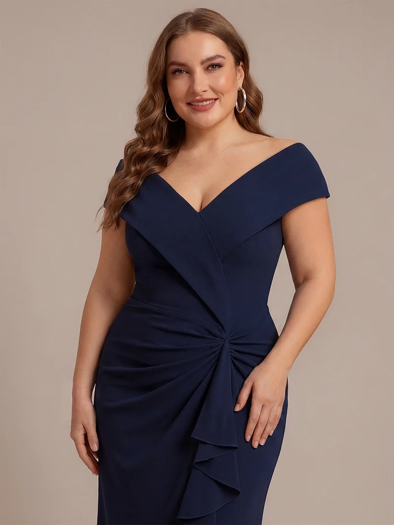 Robe de soirée grande taille en crêpe coupe sirène à volants