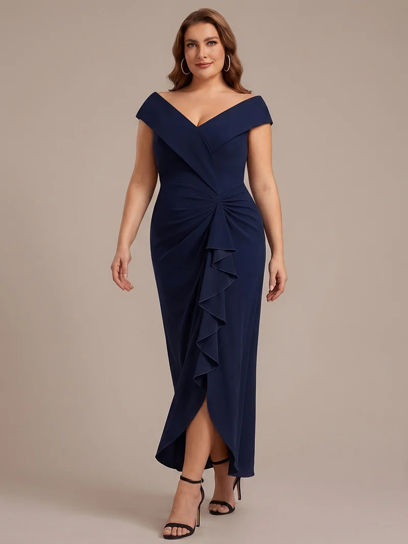 Robe de soirée grande taille en crêpe coupe sirène à volants