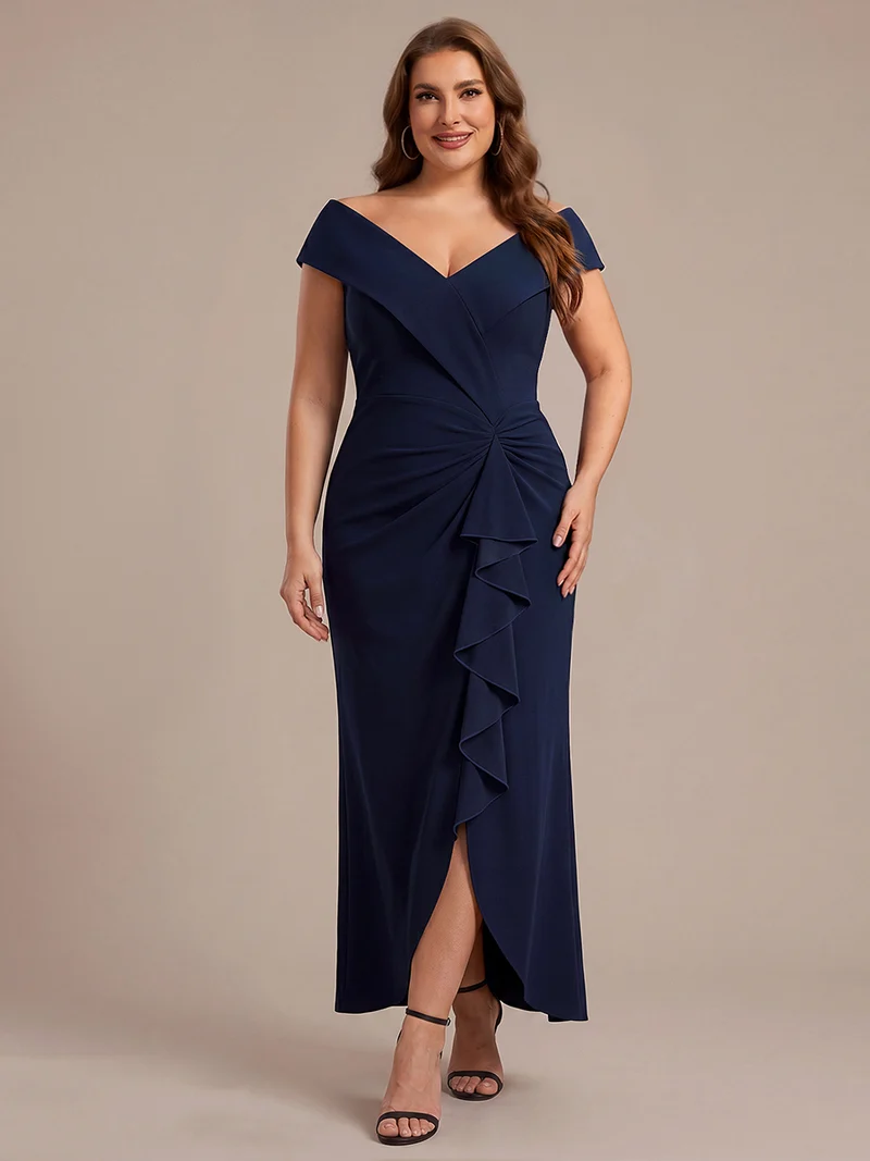Robe de soirée grande taille en crêpe coupe sirène à volants
