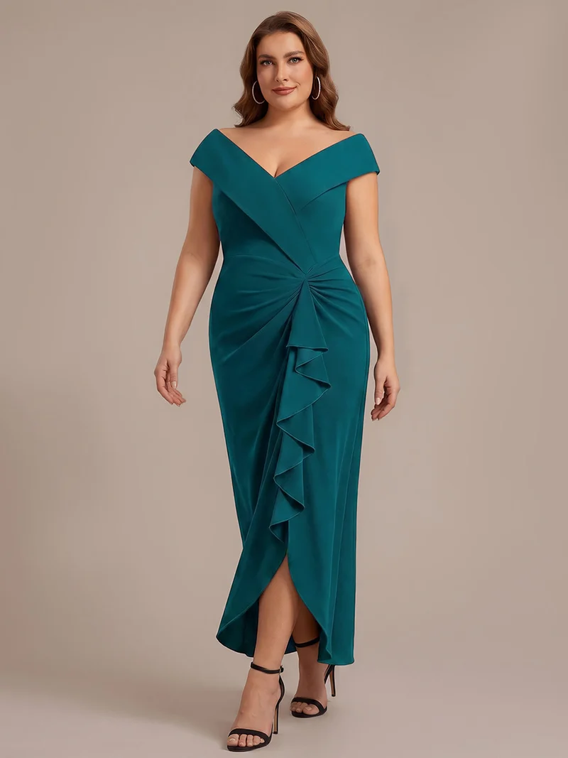 Robe de soirée grande taille en crêpe coupe sirène à volants