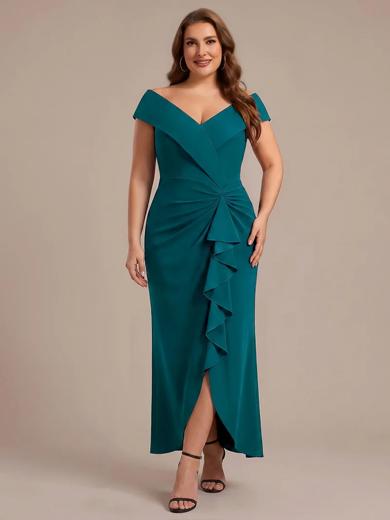 Robe de soirée grande taille en crêpe coupe sirène à volants