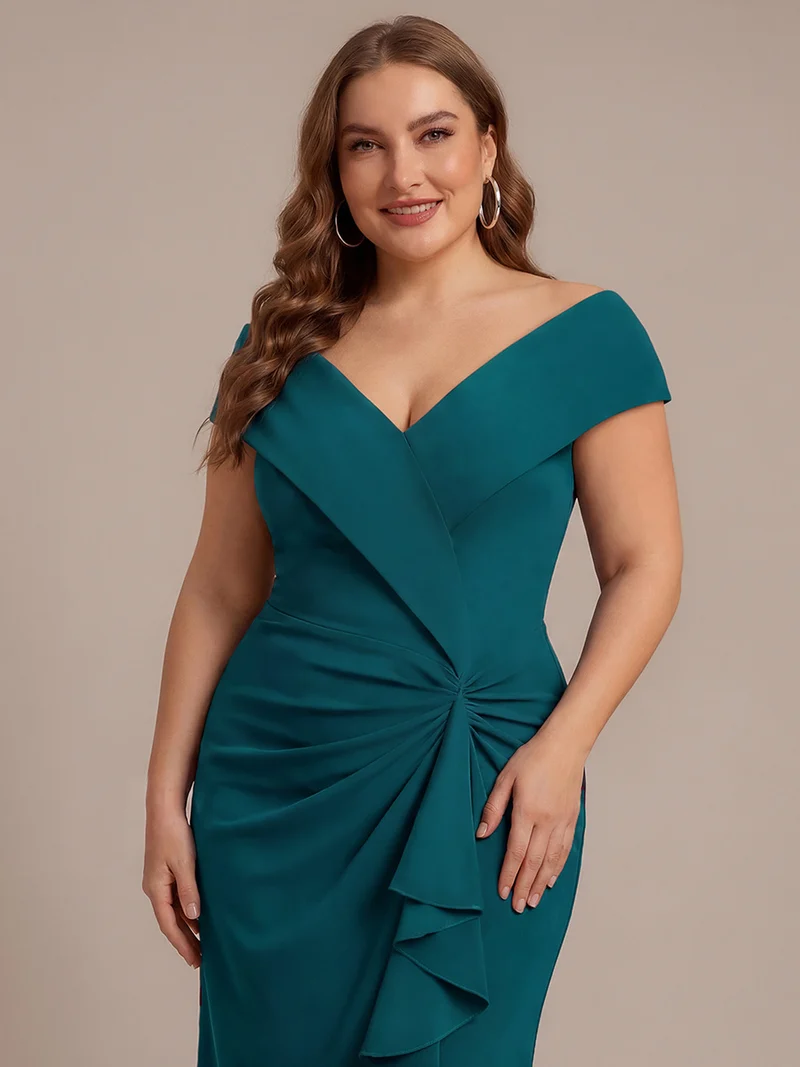 Robe de soirée grande taille en crêpe coupe sirène à volants
