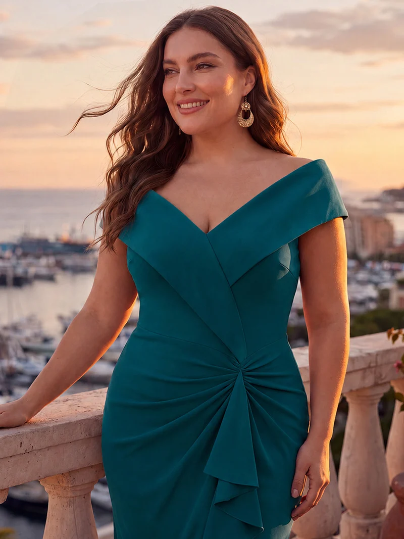 Robe de soirée grande taille en crêpe coupe sirène à volants