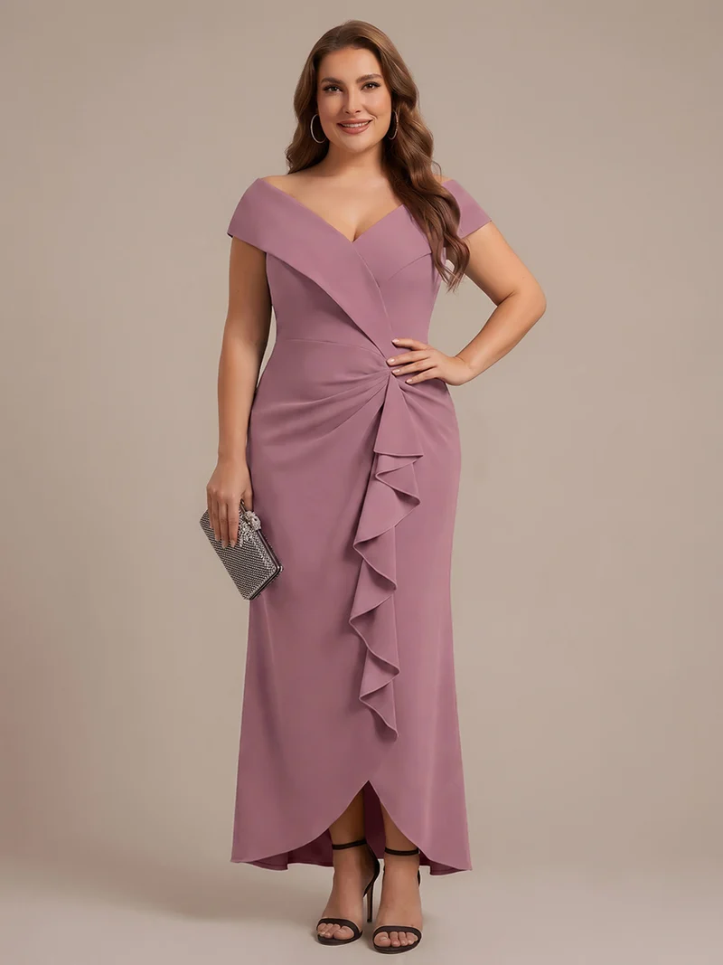 Robe de soirée grande taille en crêpe coupe sirène à volants
