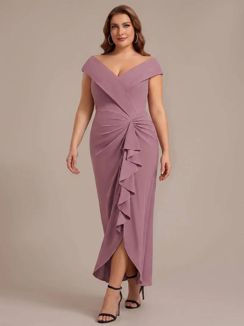 Robe de soirée grande taille en crêpe coupe sirène à volants