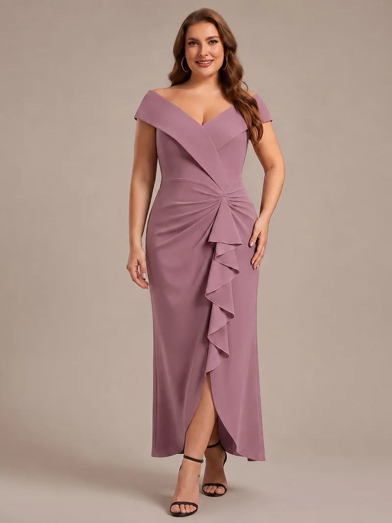 Robe de soirée grande taille en crêpe coupe sirène à volants
