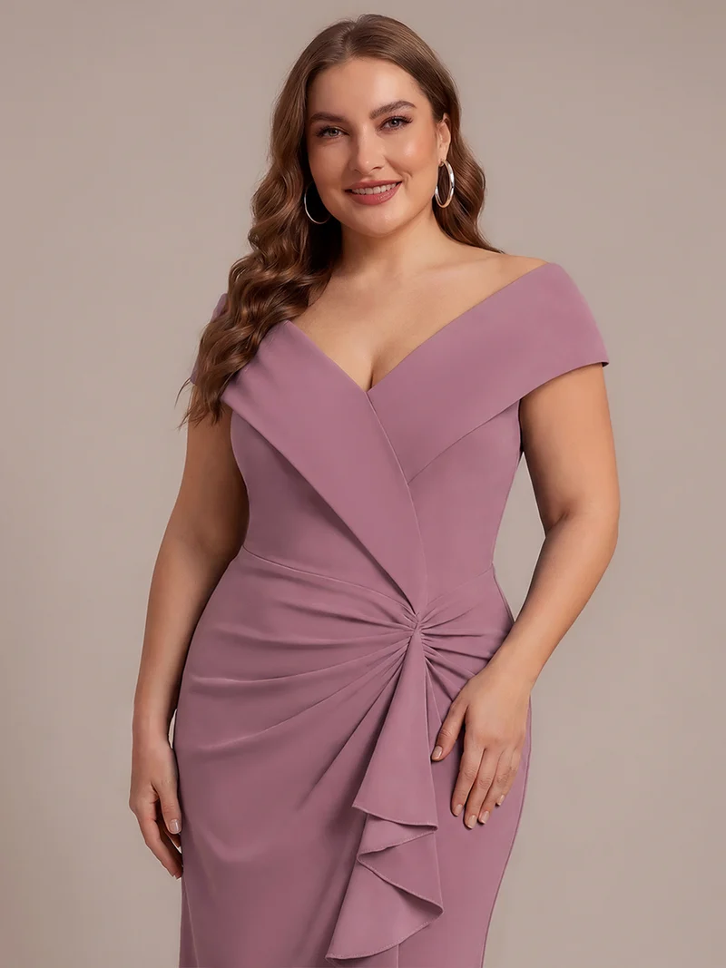 Robe de soirée grande taille en crêpe coupe sirène à volants