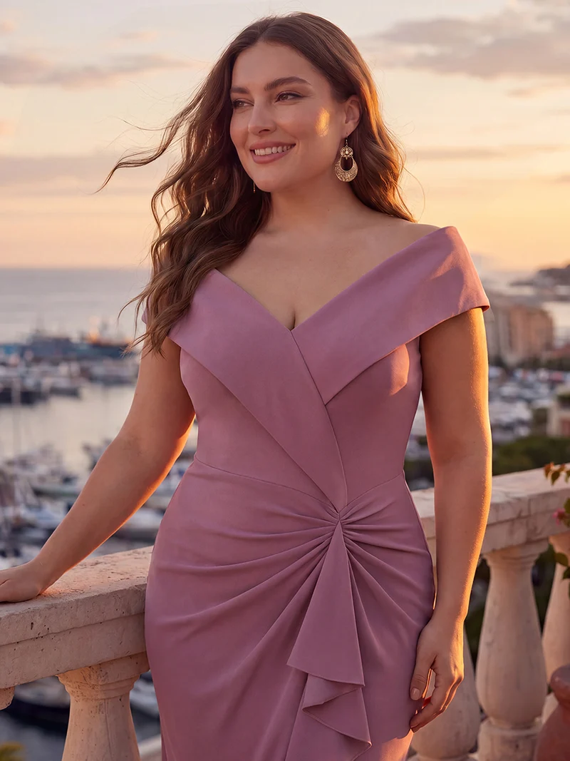 Robe de soirée grande taille en crêpe coupe sirène à volants