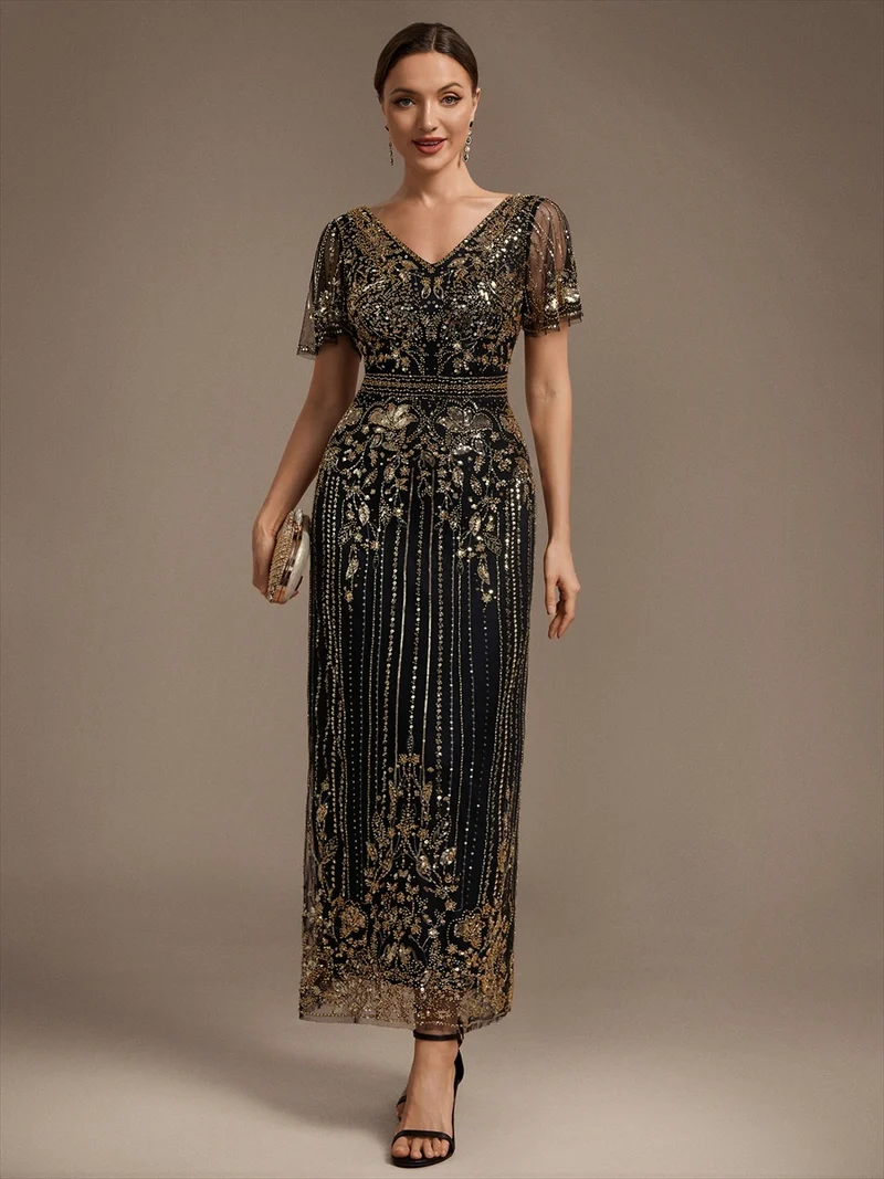 Robe de Cocktail Longue en Tulle à Paillettes et Perles