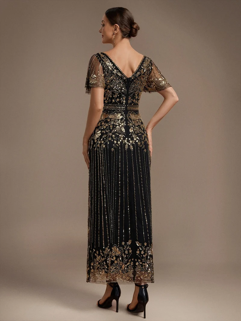 Robe de Cocktail Longue en Tulle à Paillettes et Perles