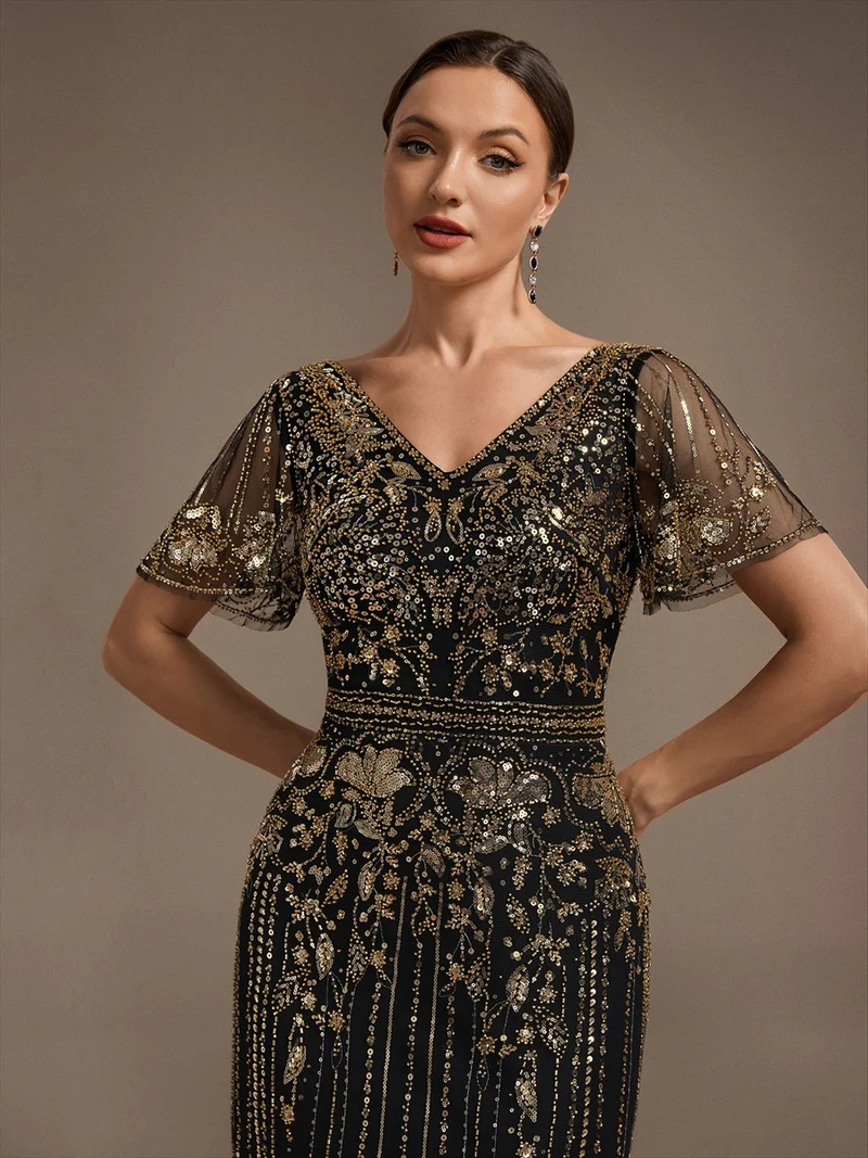 Robe de Cocktail Longue en Tulle à Paillettes et Perles