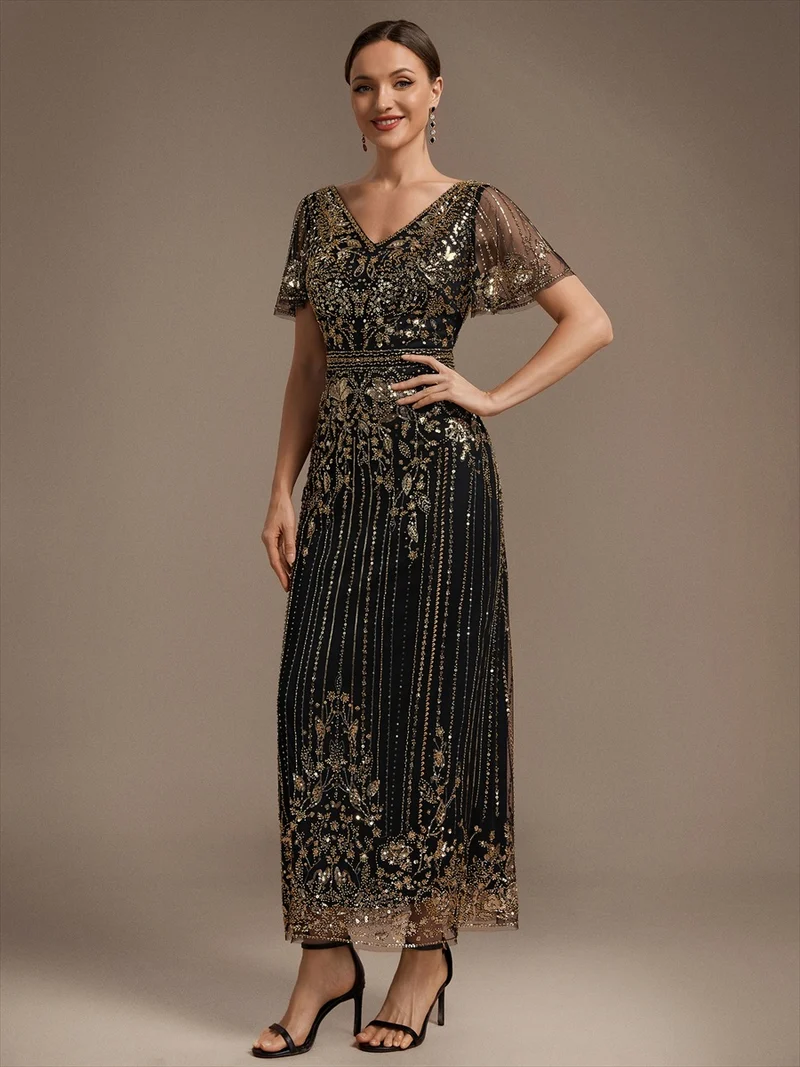 Robe de Cocktail Longue en Tulle à Paillettes et Perles