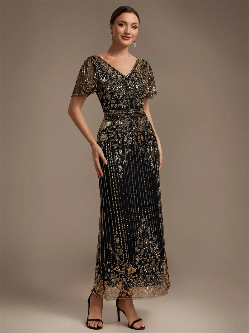 Robe de Cocktail Longue en Tulle à Paillettes et Perles
